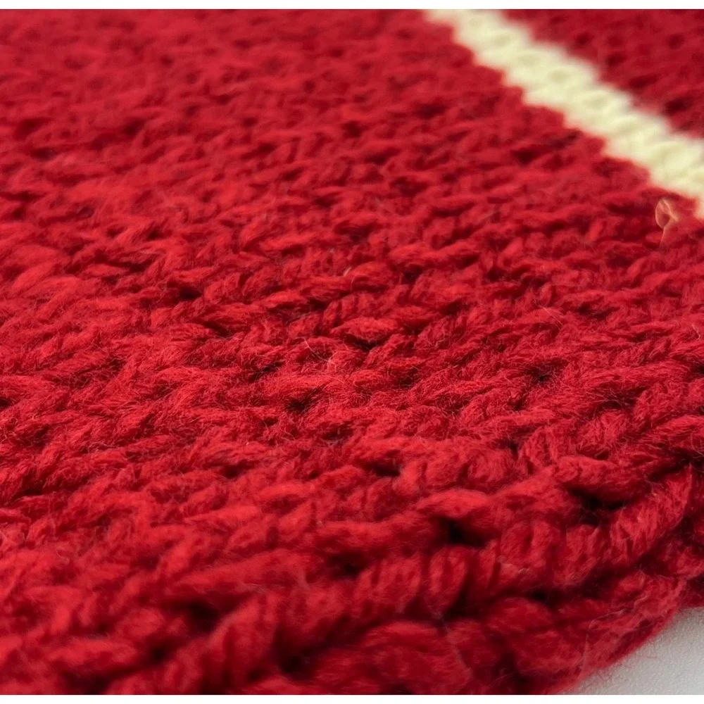 POTTERY BARN Christmas Stocking Red Ivory Chunky Knit‎ Snowflake Bells Holiday